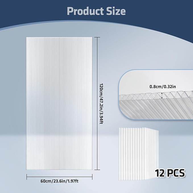 UMIG 12 PCS 4' x 2' x 0.32'' Polycarbonate Greenhouse Panels, Twin-Wall Waterproof UV Protected Corrugated Plastic Roof Panels Sheets, Clear Replacement Panels for Greenhouse, Outdoor, Plant