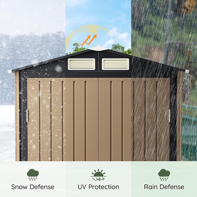 5x3 FT Outdoor Metal Storage Shed with Floor Frame, Double Door, 1 Clear Window, Tool Shed for Garden, Patio, Backyard Brown