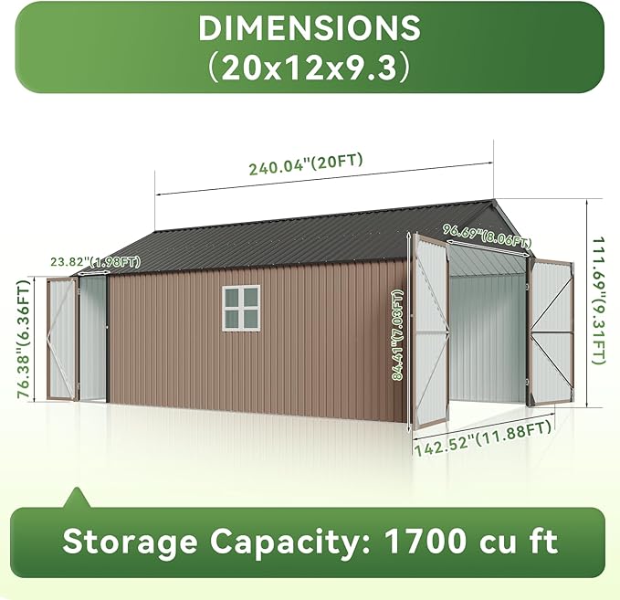 Aoxun 12'x20' Carport Shed Outdoor Metal Storage Sheds with Lockable Door & Sloping Roof- Ideal for Tools, Garden Equipment & Bikes, Perfect for Patio Placement(Brown)