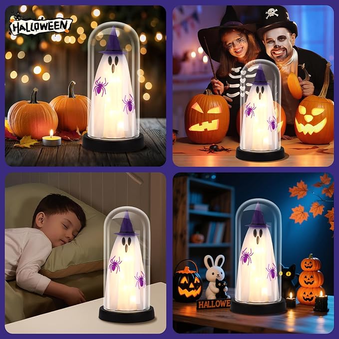 Halloween Decor-Halloween Decorations Indoor-Light Up Ghost in Glass Cloche-Cute Ghost with Light for Home Kitchen Mantel Tabletop Party Decor- Ghost-Purple