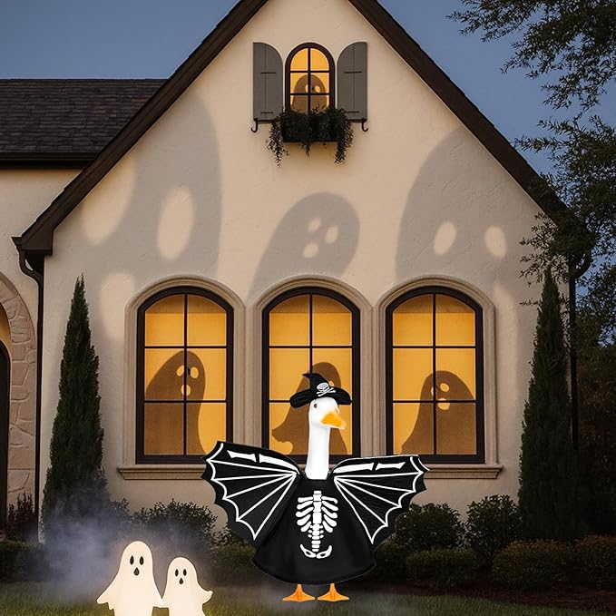 Halloween Bat Porch Goose Outfits 23inch Plastic Cement Skeleton Goose Statue Costume, Fall Lawn Geese Sculpture Clothes for Garden Yard Patio Party Decoration