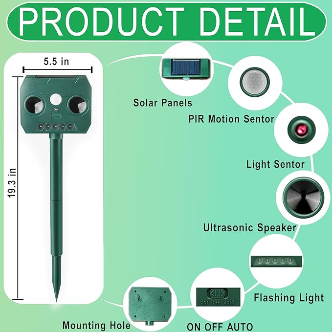 Ultrasonic Animal Repellent Outdoor Deer Repellent Devices Solar Powered,Squirrel Repellent Motion Detection, Waterproof Cat Dog Deterrent Rabbit Fox Pest Raccoon Rodent Repellent for Yard Farm Garden