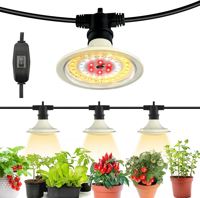 Outdoor LED Grow Lights, Waterproof String Grow Light, Full Spectrum Plant Growing Lights with 12Ft Adjustable Cord 3 Lights