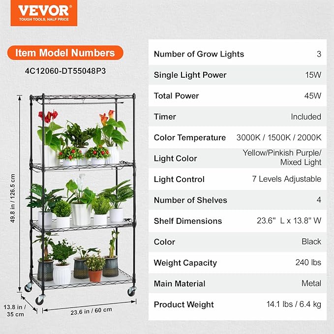 VEVOR Plant Stand with Grow Light, 4-Tier Plant Shelf with 45W Full Spectrum Grow Light, 3 Mode Plant Light with Timer and Wheel for Seed Starting, Metal Grow Light Shelf for Indoor Plants