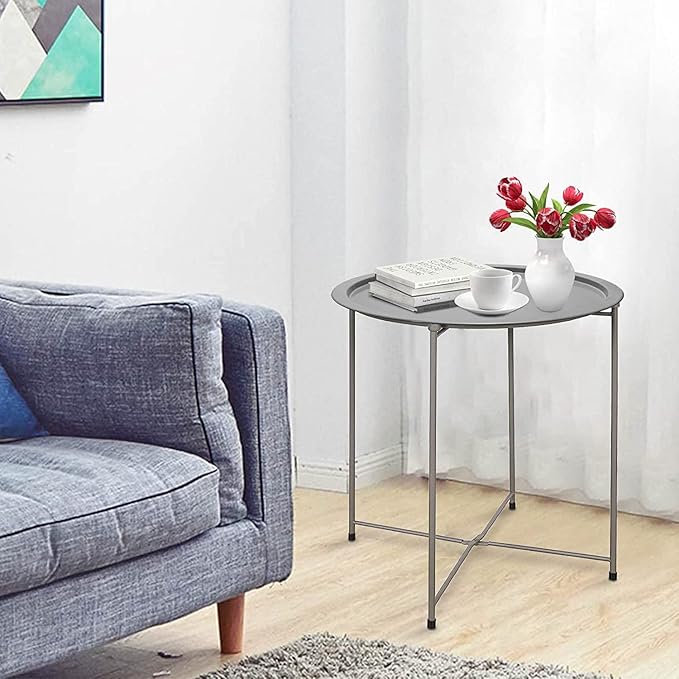 Garden 4 you Folding Tray Metal Side Table 2PC Grey Round End Table Cyan Sofa Small Accent Fold-able Table, Round End Table Tray, Next to Sofa Table, Snack Table for Living Room and Bed Room