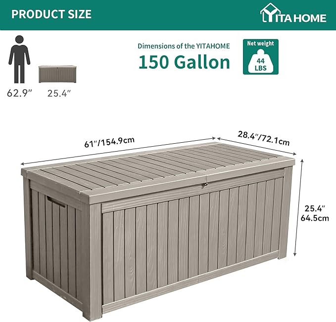 YITAHOME 150 Gallon Large Outdoor Storage XL Deck Box w/Divider for Patio Furniture,Outdoor Cushions, Garden Tools, Sports Equipment and Pool Supplies, Waterproof, Resin, Lockable, Taupe