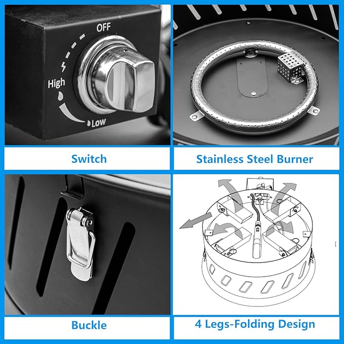 22 inch Portable Propane Fire Pits, Gas Fire Pit Bowl for Outside with Lid & Handle, Smokeless Gas Firebowl,Propane Firepit for Camping, Patio, Yard, Garden