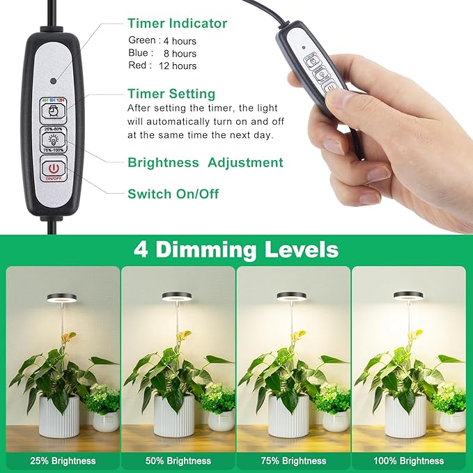 LORDEM Grow Light, Full Spectrum LED Plant Light for Indoor Plants, Height Adjustable Growing Lamp with Auto On/Off Timer, 4 Dimmable Brightness, Ideal for Small Plants, 3 Packs of Black