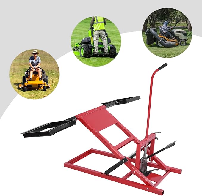 Lawn Mower Lift with Hydraulic Jack 500 Lbs Weight Capacity, Solid Carbon Steel Lawn Mower Lift, Adjustable Wheel Span Lawn Lifter for Riding Tractors and Zero Turn Lawn Mowers (Black+Red)