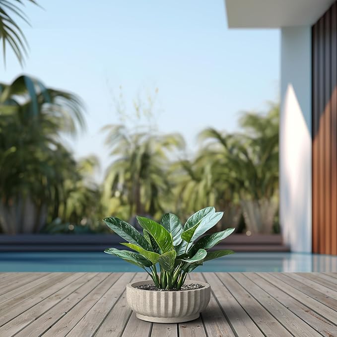 Kante Round Fulted Bowl Planter, 14.6 Inch Dia Large Concrete Flower Pots with Drainage Hole and Rubber Plug, Suitable for for Indoor Outdoor Plants, Home, Patio, Garden, Weathered Concrete