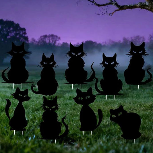 9 Pack Halloween Black Cat Yard Signs with Stakes Tree Decoration Scary Silhouette 9 Styles Halloween Decorations for Outdoor Yard Lawn Garden Decor Made of Plastic Corrugated Board