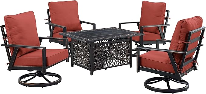 Oakland Living Black Aluminum Patio Fire Table Set with Four Club Chairs with Red Cushions