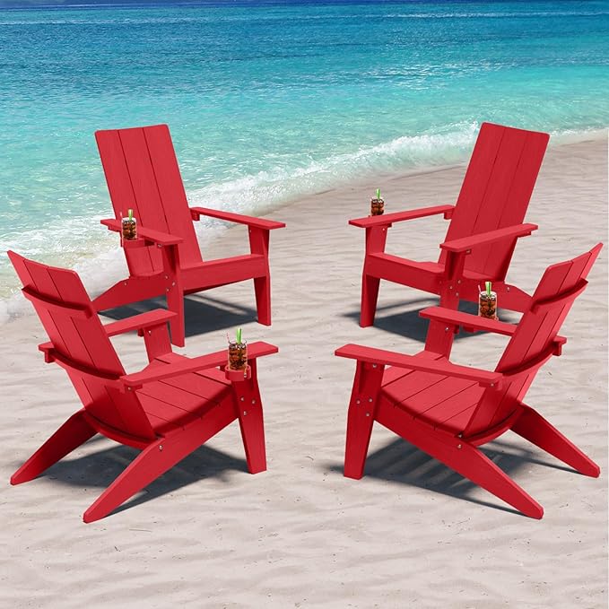 MXIMU Adirondack Chair Set of 4: Modern Adirondack Chairs Fire Pit Chairs Plastic Outdoor Chairs for Lawn Backyard Deck Garden Camping (Red)