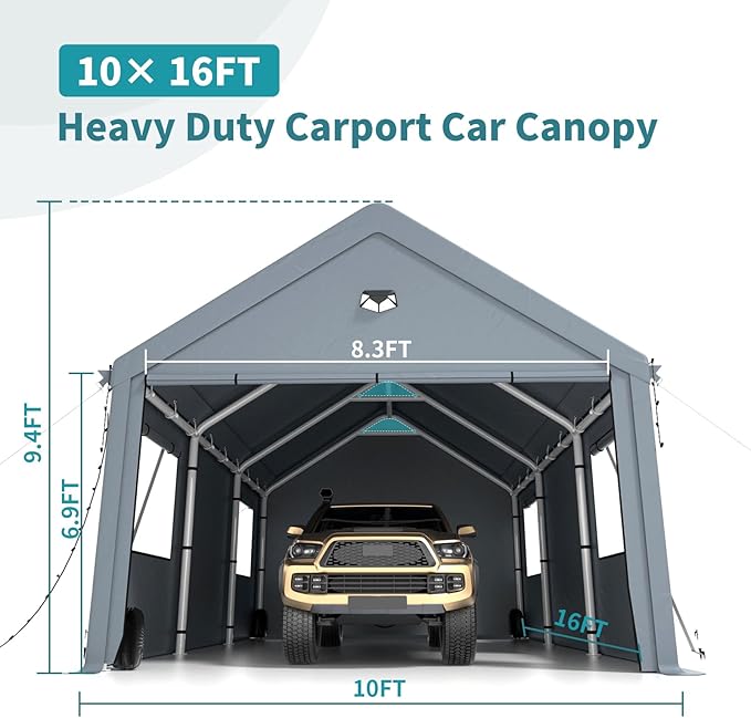10x16FT Heavy Duty Carport Canopy,Extra Large Portable Car Tent Garage with Roll-up Windows and All-Season Tarp Cover,Removable Roof&Side Wall for Car, SUV,Boats&Truck Shelter Logic Storage