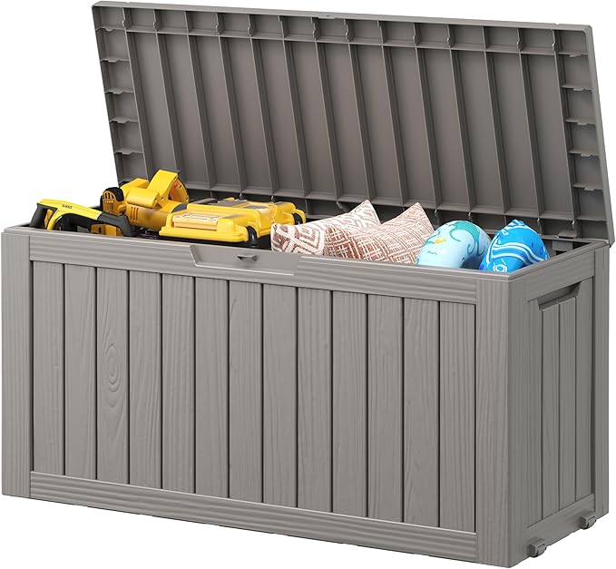 NUNU LAB 75 Gallon Outdoor Storage Box,Resin Large Sturdy Deck Box, Backyard Outside Storage Box Waterproof with Double Wall Panels,Garden Box,Package Delivery Outdoor Hose Storage Bin