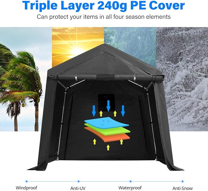 ADVANCE OUTDOOR 6X6 ft Storage Tent Outdoor Portable Shelter Shed with 2 Rolled up Zipper Doors & Vents Carport for Motorcycle Waterproof and UV Resistant Portable Garage Kit Tent, Gray