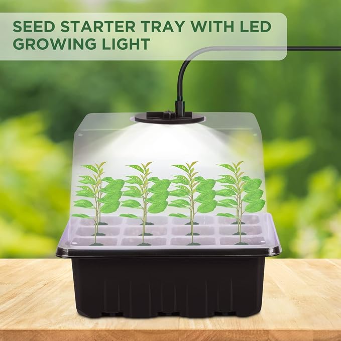 Seedfactor Seed Starter Tray with Light, 6PCS Seed Starter Kit with Grow Light, Seedling Starter Trays with Humidity Domes, Covers Height 3.9", Indoor Gardening Plant Germination Trays
