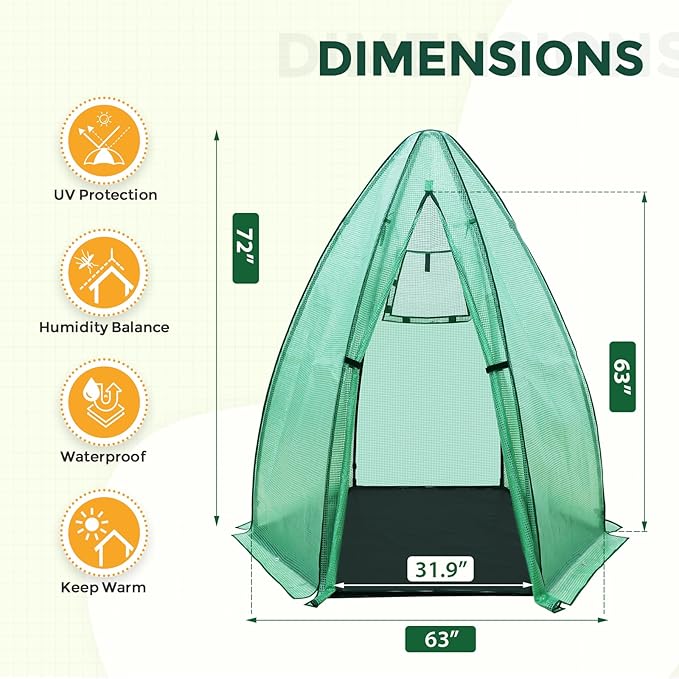 EAGLE PEAK Portable Mini Dome Greenhouse with Zippered Door and Mesh Window, Outdoor Mini Hexagon Greenhouse Kit for Indoor Outdoor Gardening 63"x63"x72", Green PE Cover