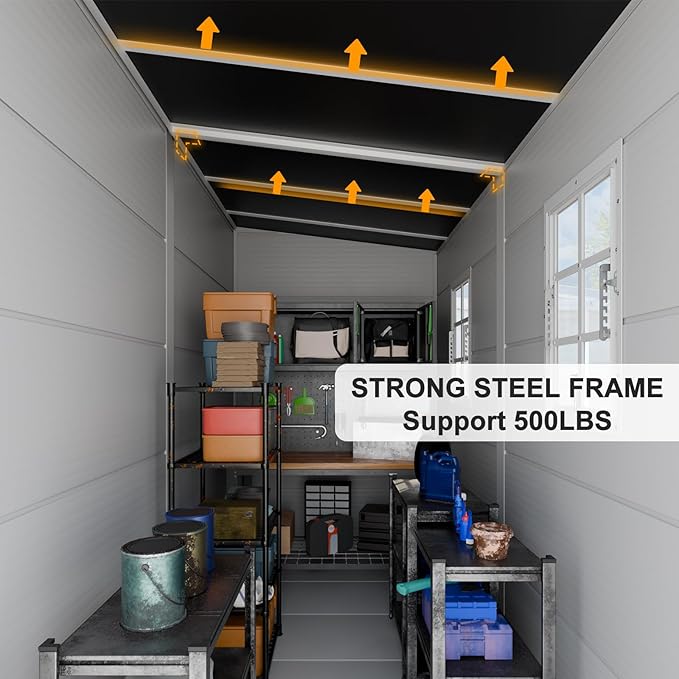 8x4 FT Resin Storage Sheds with Floor and Adjustable Openable Windows, Large Waterproof Garden Sheds with Base, Outside Plastic Sheds with 2 Windows for Backyard Garden Patio Lawn Tools Storage, Gray