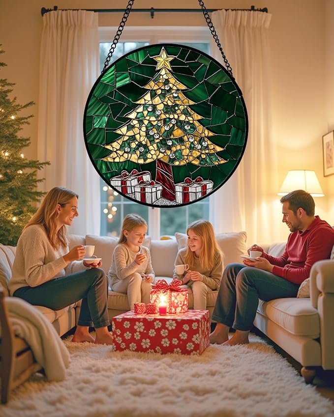 Stained Glass Window Hanging -Gold Green Christmas Tree Suncatcher for Doors Home Christmas Decoration Winter Sun Catcher Thanksgiving New Year Birthday Gifts for Women Men Mom Nana 15 in