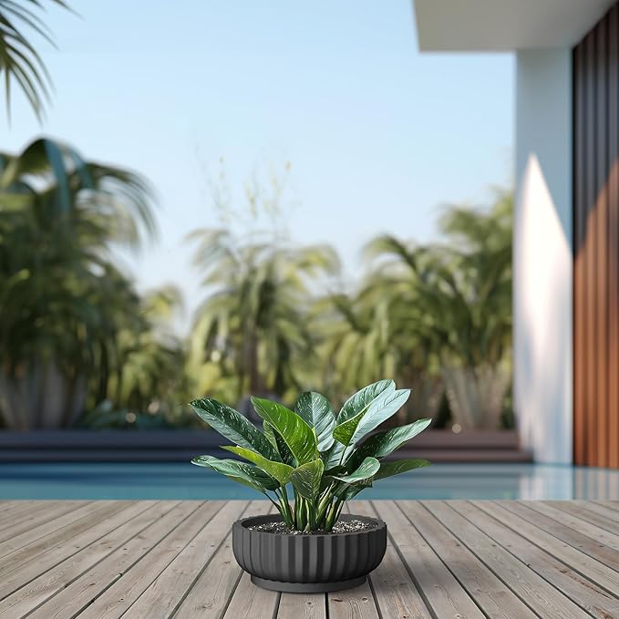 Kante Round Fulted Bowl Planter, 14.6 Inch Dia Large Concrete Flower Pots with Drainage Hole and Rubber Plug, Suitable for for Indoor Outdoor Plants, Home, Patio, Garden, Black