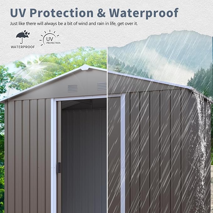 4x8 FT Outdoor Storage Shed, Metal Garden Shed with Frame Floor, Outside Tool Shed with Lockable Sliding Doors, Waterproof Storage Building with Sloped Roof for Backyard, Patio, Lawn, Warm Gray