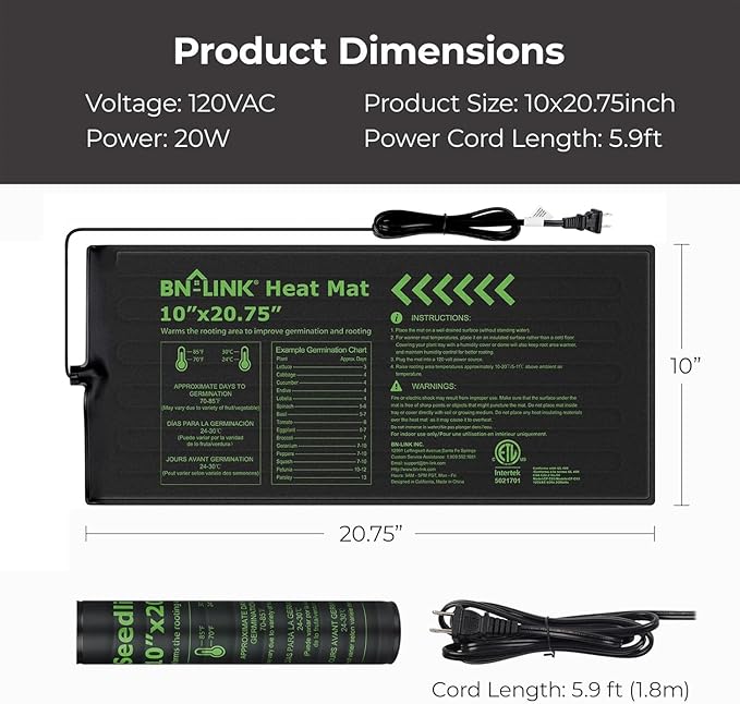 BN-LINK Seedling Heat Mat Warm Hydroponic Heating Pad Waterproof 10" x 20.75" - 2 Pack for Seed Starting Greenhouse and Germination