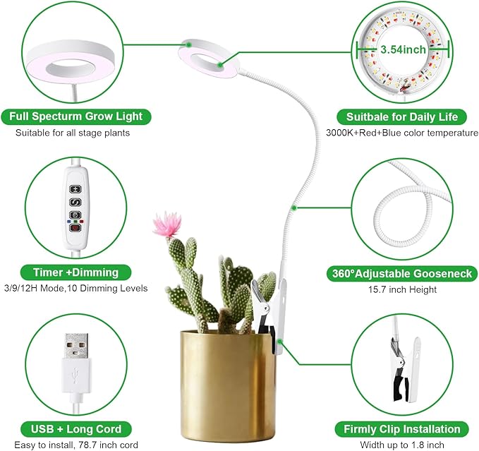 White LED Halo Ring Pot Clip Plant Grow Light for Indoor Small Plants, Red+Blue+Yellow Full Spectrum Grow Lamp with 360°Gooseneck, 3/9/12H Timer & 10 Dimmable Levels, Adapters, Angel Ring 2 Pack