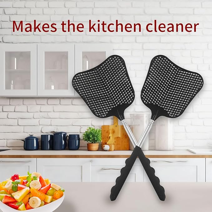 Fly Swatters 2 Pack, Durable Telescopic Stainless Steel Handle, Heavy Duty Black Bug Zapper Racket, Upgraded Plastic Fly Swatter Set for Indoor Outdoor Home Hiking Camping Garden
