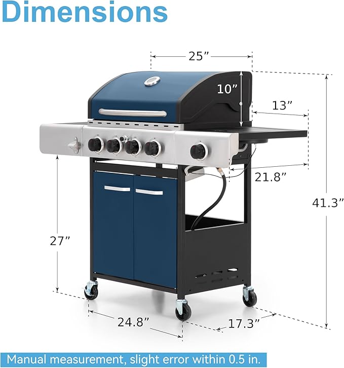 GREEN PARTY 4 Burner BBQ Propane Gas Grill with Side Burner & Porcelain-Enameled Cast Iron Grates, 545 SQIN Grilling Area 42,000 BTUs Barbecue Grill for Outdoor Cooking Garden Patio Backyard, Blue