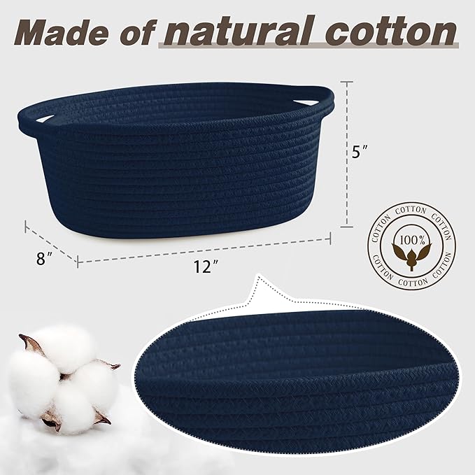 Pro Goleem Small Woven Basket with Gift Bags and Ribbons Durable Baskets for Gifts Empty Small Rope Basket for Storage 12"X 8" X 5" Baby Toy Baskets with Handles, Navy Blue