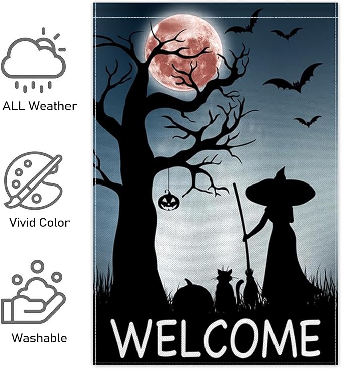 ChloropLastid Halloween Witch Garden Flags 12x18 Inch Double Sided Halloween Full Moon Night Ghost Bats Yard Garden Flags for Patio Lawn Home Outdoor Decor