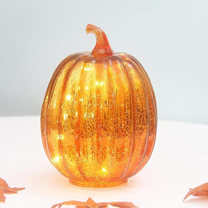 Mercury Glass Pumpkin Lights with Timer, Battery Operated Led Pumpkin Lights for Halloween Fall,Thanksgiving Rustic Decor (Gold Common, 8")