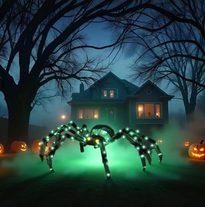 4.2Ft Giant Spider Halloween Decorations Outdoor 52" Light Up Spider with 90 LED Lights for Front Yard, Porch, Garden, Lawn, Halloween Party (Green)
