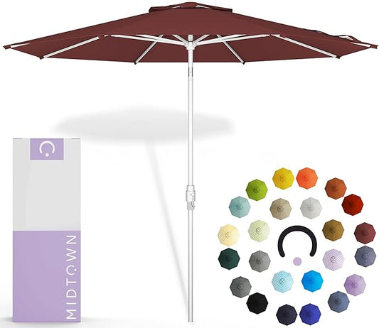 Midtown Umbrellas The Swilt 8 Feet Patio Umbrella in Terylast Cherry (Burgundy) Polyester Fabric - Fiberglass Ribs, Auto-Tilt Aluminum Frame For Backyard, Deck, Garden, Pool - White Pole