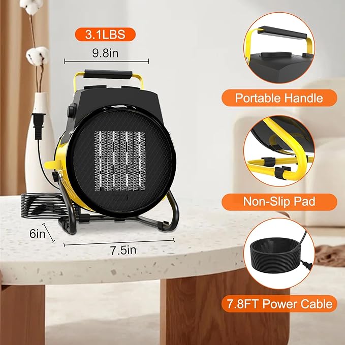Outdoor Heater for Patio, Electric Portable Outdoor Heater with 3 Modes, 3s Fast Heating, with Overheat Protection, Electric Garage Heaters for Patio, Garage, Greenhouse, Yellow