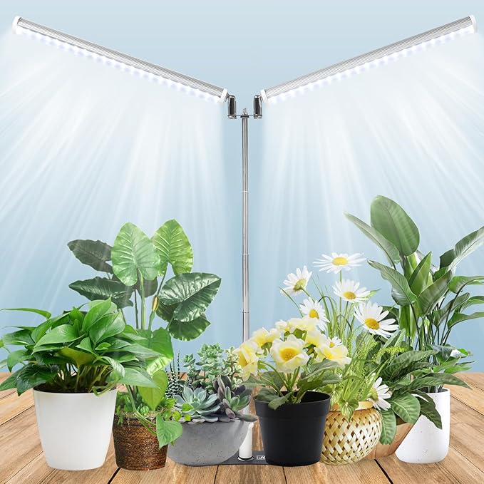 JCBritw Standing LED Grow Light，Adjustable Dual Head T12 Bar Plant Light, White 6500K Full Spectrum Plant Grow Lamp on Stand for Indoor Plants Seed Starting, Seedlings, Veg, Flower