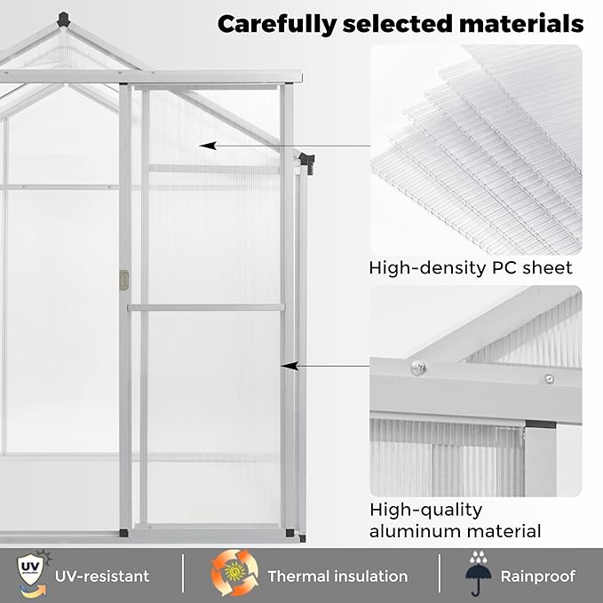 6 x 6 FT Aluminum Greenhouse for Outdoors, Polycarbonate Walk-in Greenhouse,Silver