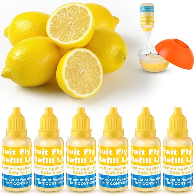 Qualirey Fruit Fly Trap for Indoor and Kitchen Use, 0.68 oz Each Bottle Fruit Fly Trap Refill Liquid, Ready to Use, Safe Near Food, Efficient Lure Refill Liquid, Yellow(6 Pack)