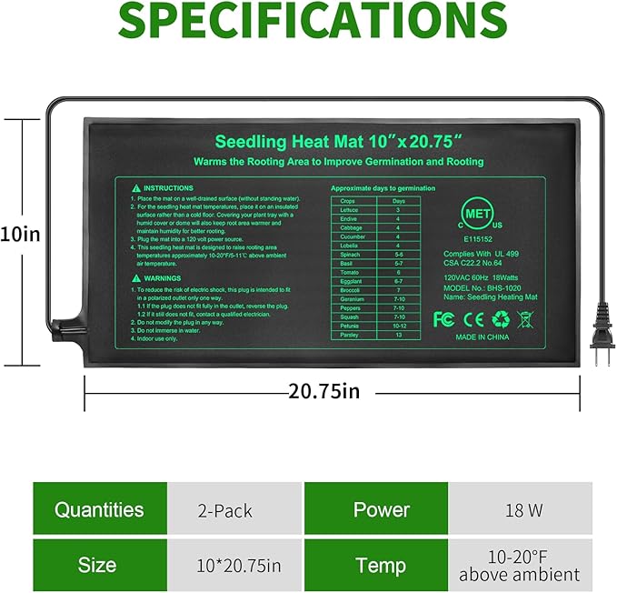 Bestio Seedling Heat Mat 10 x 20.75 in 2 Pack Waterproof Plant Heat Mat for Seed Starting Seed Warming Mat for Seedling Germination,Hydroponic Plant