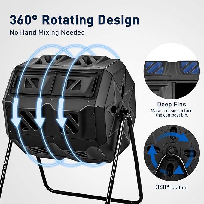 Yesker Dual Chamber Compost Bin Outdoor, 43 Gallon Rotating Tumbling Composter with Sliding Doors, Fast Assembly for Garden, Backyard & Kitchen Waste