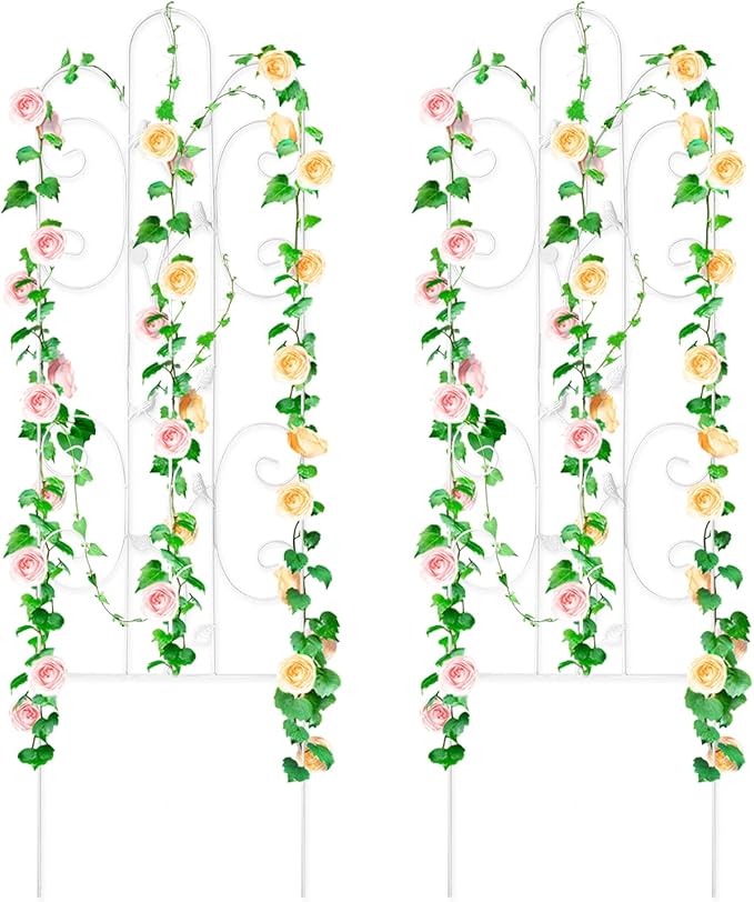 2 Pack Metal Garden Trellis for Climbing Plants Outdoor 61''x 18.5" Rose Flower Support Rustproof Sturdy Leaves Garden Trellis for Vegetables Trellis for Potted Plants - White