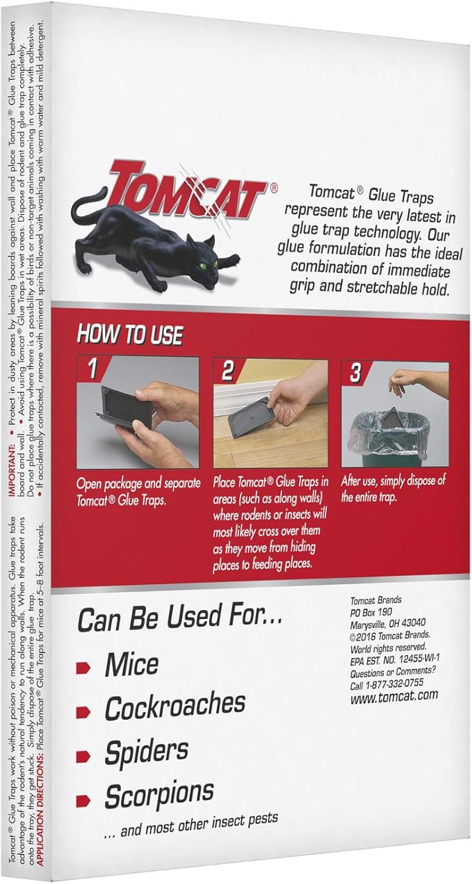 Tomcat Mouse Trap with Immediate Grip Glue for Mice, Cockroaches, and Spiders, Ready-to-Use, 4-Pack (16 Glue Traps)