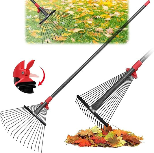 76 Inch Rake for Leaves, Adjustable 18 Metal Tines with Expandable Head Garden Rakes for Lawns Heavy Duty Metal Rake for Leaves Yard Gardening Grass Outdoor Debris