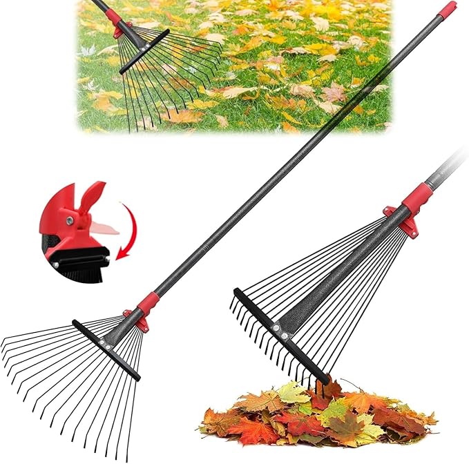 61 Inch Rake for Leaves , Adjustable 18 Tines with Expandable Head 9-18in Grass Rake Heavy Duty Metal Rakes for Women Children Yard Gardener Gardening Grass Debris Lawns