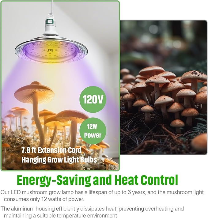 LED Growing Lights for Mushroom Kit, 360°Mushroom Grow Hanging Light with Dual Spectrum, 7.8 Ft Extension Cord & 48 White and Blue Bulbs LEDs, Good for Plant Health & Easy to Assemble