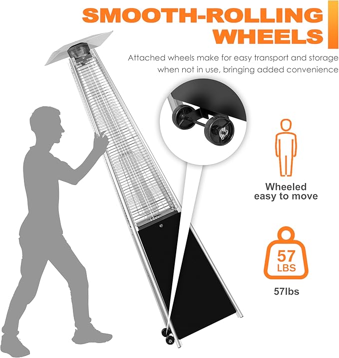 Nuu Garden Outdoor Propane Patio Heater, 48,000 BTU Pyramid Outdoor Heater with Wheels, Hammered Bronze Tower Portable Heater with Quartz Glass Tube, Black