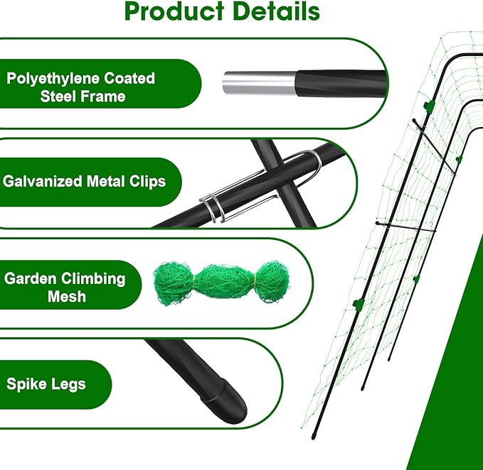 Garden Arch Trellis for Climbing Plants Vegetable Outdoor 67" x 63" A-Frame Cucumber Trellis with Climbing Netting & Plant Clip Tomato/Pea/Zucchini/Squash Trellis for Raised Garden Bed