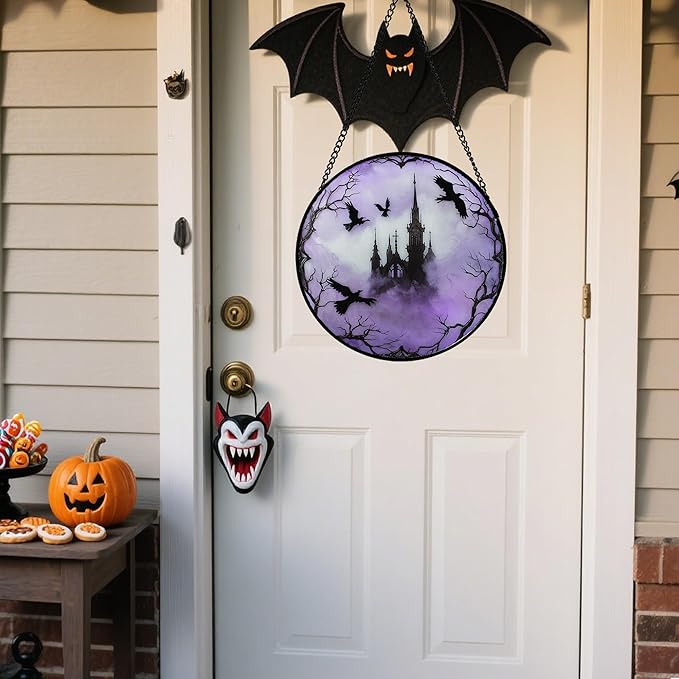 Stained Glass Window Hanging - Halloween Gothic Castle Purple Smoke Suncatcher for Doors Garden Home Spooky Crow Sun Catchers Gothic Decor Horror Gift for Women Men Friend Boy Girl 15 in