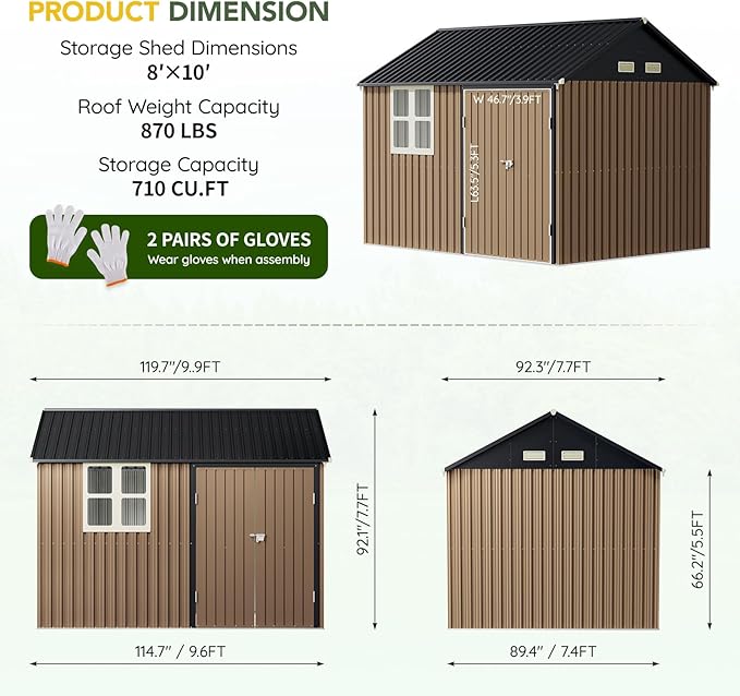 Breezz 8X10FT Outdoor Steel Storage Shed with Clear Window, Lockable Doors, Weather-Resistant Metal Tool Shed for Garden, Backyard, Patio, and Utility Storage.Brown